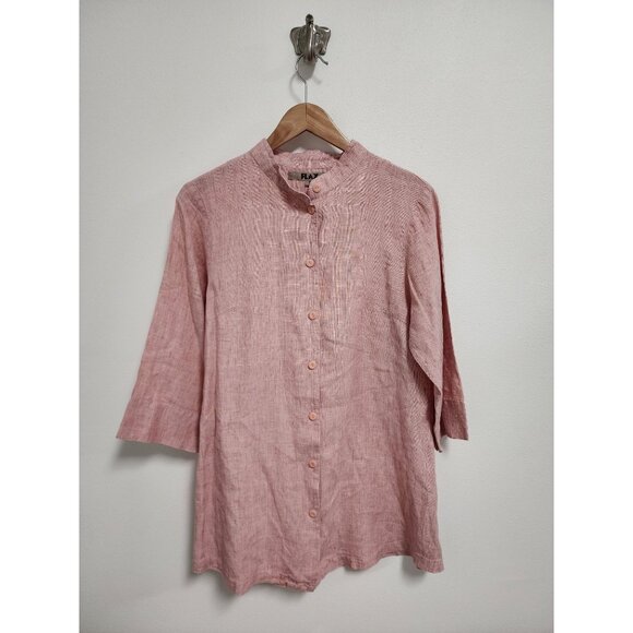 Flax Tops - Flax pink mandarin collar 100% linen half sleeve button up shirt S